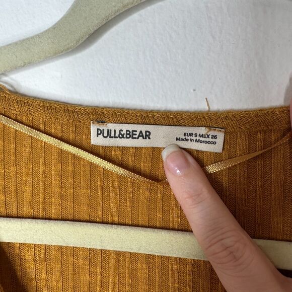Pull & Bear Golden Yellow Cotton Rib Long Sleeve VNeck Button Up Mini Dress S - Picture 4 of 13